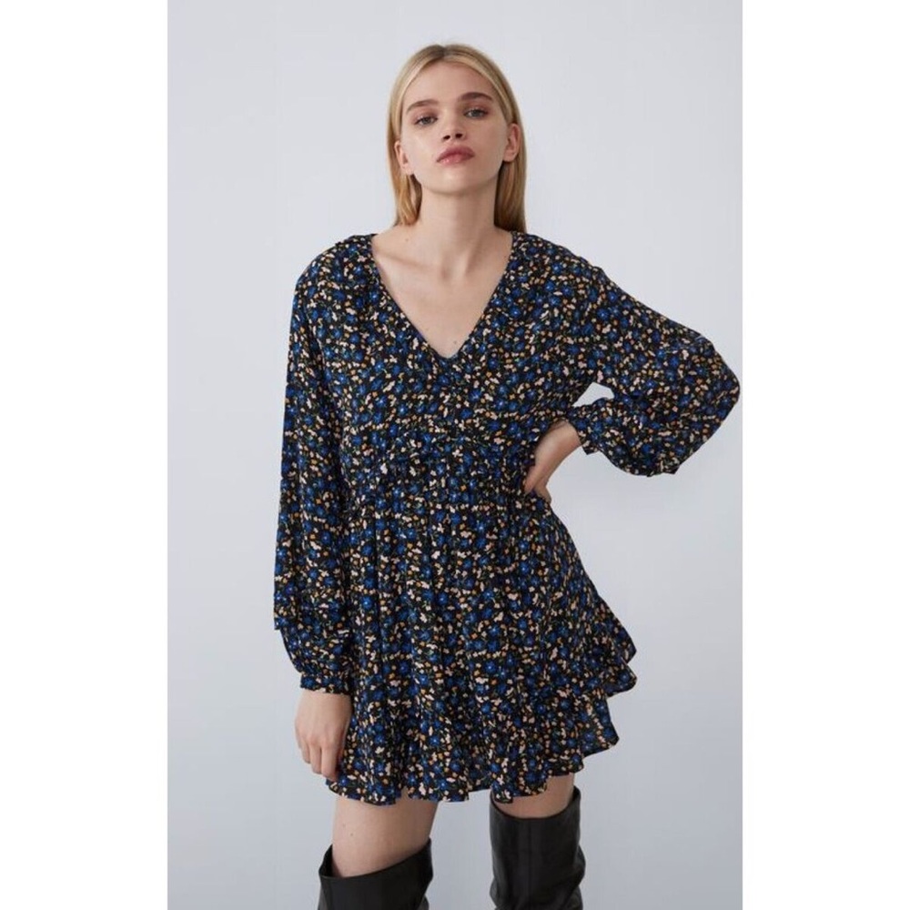 Zara Printed Ruffle Floral Long Sleeve Dress Women's Size Medium